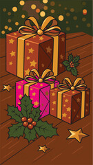 A festive Christmas background filled with red and gold gift boxes, presents, and ribbons, perfect for holiday celebrations