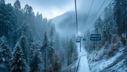 A ski lift quietly ascends through a serene, snow-covered forest shrouded in soft morning fog. The scene captures the calm beauty of winter and the quiet anticipation of a day on the slopes.