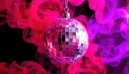 create a modern christmas card concept featuring a disco ball in colored smoke against an isolated black background, the balls should be silver and shiny