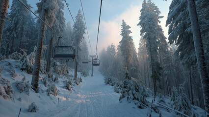 A ski lift quietly ascends through a serene, snow-covered forest shrouded in soft morning fog. The scene captures the calm beauty of winter and the quiet anticipation of a day on the slopes.