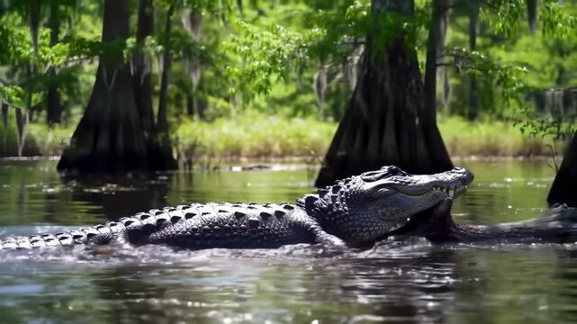 Dark alligator swimming in swamp habitat