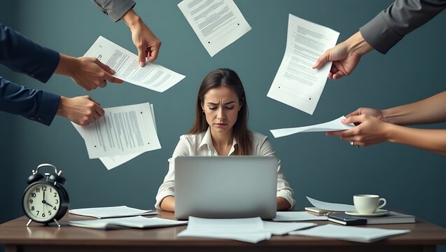 Overwhelmed businesswoman working on laptop with paperwork overload - Powered by Adobe