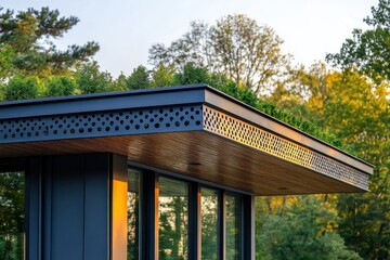 Green roof detail on modern building with perforated metal trim. Use for sustainable architecture and innovative design concepts.