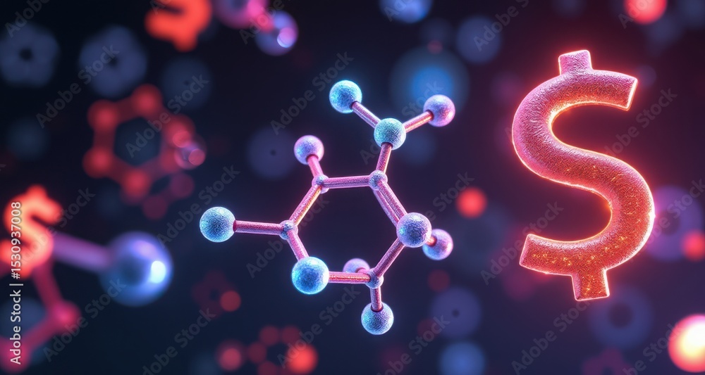 Poster colorful molecular structures with symbols on a dark background
