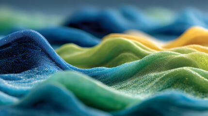 Abstract colorful waves of textured sand create a mesmerizing visual effect, showcasing vibrant hues of blue, green, and yellow in a dynamic composition. Selective focus
