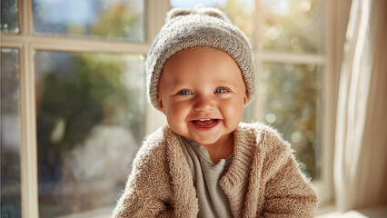 A baby is smiling brightly in natural light, radiating warmth and positivity. The image captures the uplifting message that a genuine smile can boost mood and heal emotional stress.