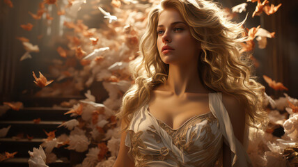  young blonde woman with golden wings and feather in the forest.jpeg