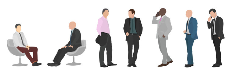 Men in formal wear suit executive businessman director CAD electronic architectural mockup illustration. Editable vector