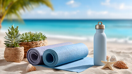 Yoga mats rolled up beside a water bottle and decorative plants on sandy beach, with ocean waves and palm trees in the background, promoting relaxation and wellness. Selective focus