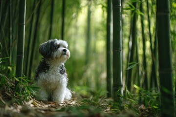 Fototapeta premium Biewer Terrier in Bamboo Forest Filtered Light Zen Atmosphere Peaceful Setting
