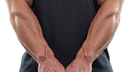 Plakat Close up of muscular athlete showing impressive forearm muscles and biceps strength, highlighting the results of intense workout and fitness training on a transparent background