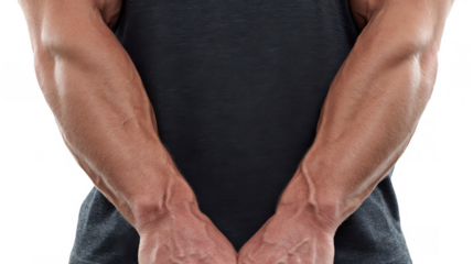 Close up of muscular athlete showing impressive forearm muscles and biceps strength, highlighting the results of intense workout and fitness training on a transparent background
