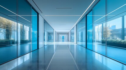 Modern Office Corridor with Glass Walls and Stunning Exterior Views showcasing contemporary architecture and design