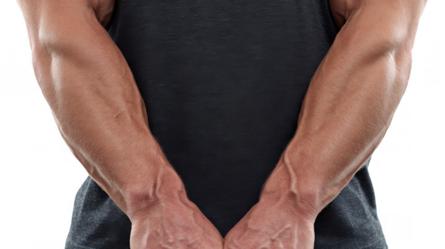 Close up of muscular athlete showing impressive forearm muscles and biceps strength, highlighting the results of intense workout and fitness training on a transparent background
