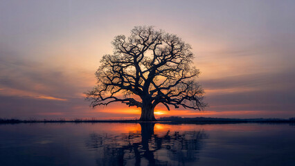 Majestic Tree Silhouette at Sunset by a Calm Reflective Lake Surface