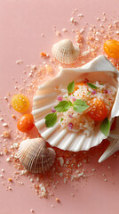 Fresh seafood dish presented in a large seashell, garnished with herbs and colorful vegetables, showcasing culinary artistry and vibrant presentation. Selective focus