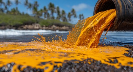 An industrial plant's metal pipe releases polluted wastewater directly into a natural body of water
