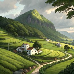 a serene painting featuring lush