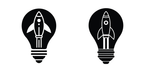 Light Bulb Containing Rocket Blueprint Symbolizing Innovation Silhouette on White Background