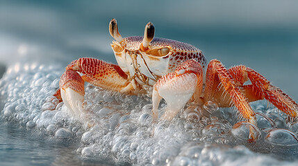 Close-up of a vibrant crab emerging from bubbles on a sandy shore, showcasing intricate details and textures of marine life in its natural habitat. Selective focus