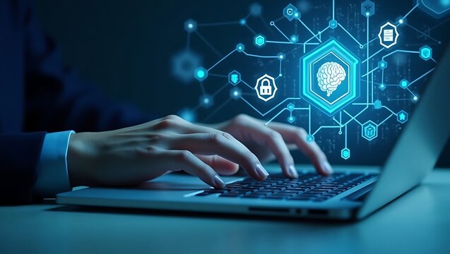 Person using laptop with ai brain and network security icons - Powered by Adobe