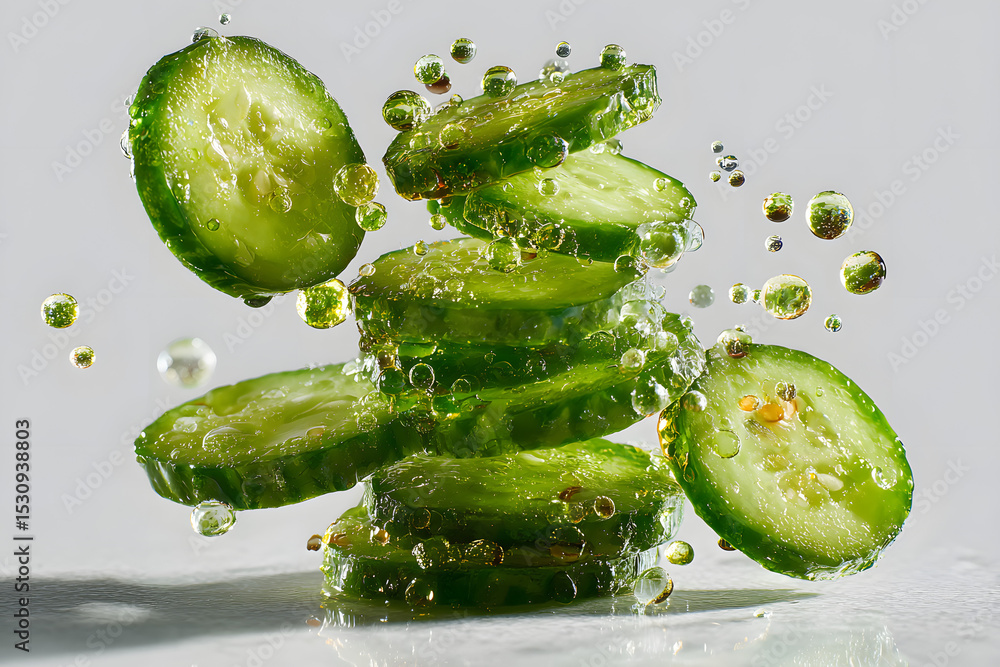 Poster isolated falling pickled cucumber slices captured on a clean white surface.
