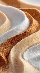 Close-up of layered sugar textures showcasing white, brown, and golden hues, creating a visually appealing abstract pattern for culinary design. Selective focus