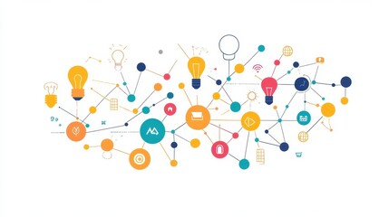 A creative mind map chart clipart, brainstorming process element, colorful connected nodes, flat design, isolated on white background.