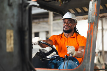 Drive forklift : African American man staff driving forklift in industrial container warehouse....