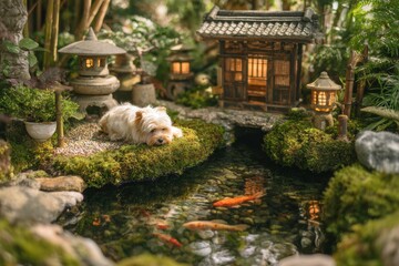 Obraz premium Japanese Garden Biewer Terrier Koi Pond Zen Elements Peaceful Atmosphere