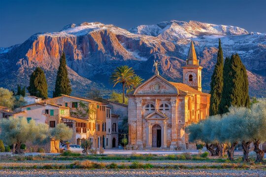 Algaida, Mallorca, Spain, is home to the town of Randa, where the parish church of the Immaculate Conception and Ramon Llull stands out against the Tramuntana mountain range
