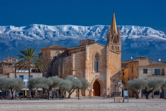 The town of Randa features a parish church of the Immaculate Conception and Ramon Llull, set against the backdrop of the Tramuntana mountain range, in Algaida, Mallorca, Spain