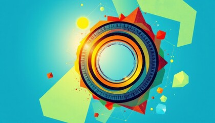 Obraz premium create an abstract illustration of a spirograph element and geometric polygonal shapes against a blue background with a technology theme
