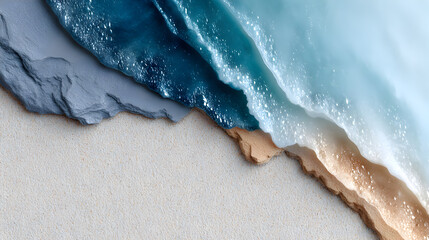 Abstract ocean waves and sandy beach texture with layered colors, showcasing the beauty of nature's elements and their harmonious interaction. Selective focus