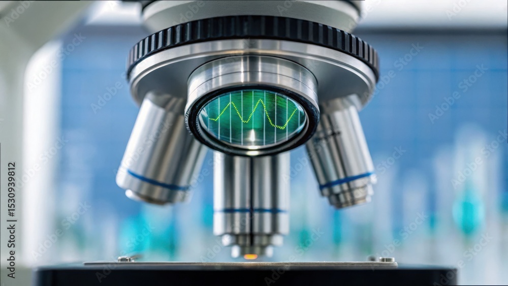 Poster high detail lens reflecting market chart data in laboratory setting