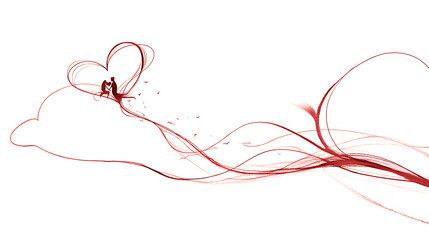Romantic couple silhouetted against a heart-shaped cloud, with flowing red lines symbolizing love