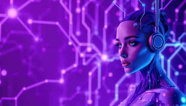 create a 3d abstract sci fi image featuring a neon background with network connections, showcasing a puter and technology theme idea, the subject is on the right side of the image