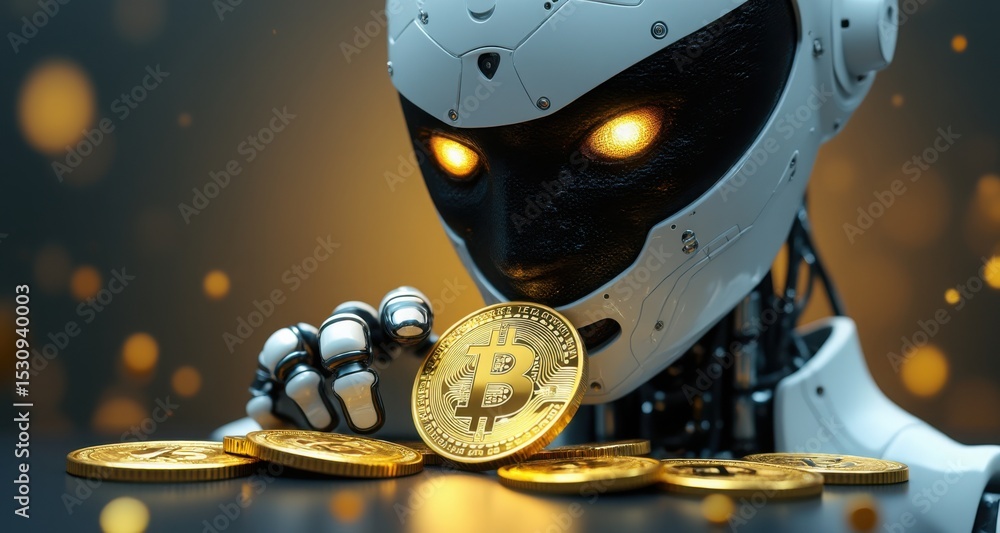 Poster Close-Up View of a Robot Inspecting a Golden Coin in Sci-Fi Style