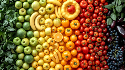 Assortment of fresh organic fruits and vegetables in rainbow colors, A vibrant, high-angle flat lay arrangement of fresh, colorful fruits and vegetables, creating a rainbow spectrum. 