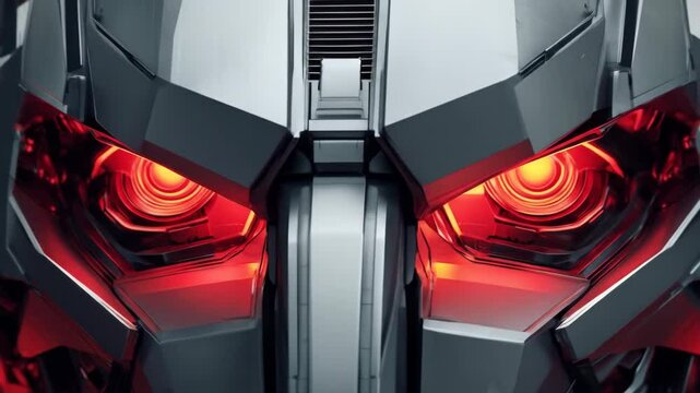 Advanced futuristic robot head close up detail with red eyes and complex machinery