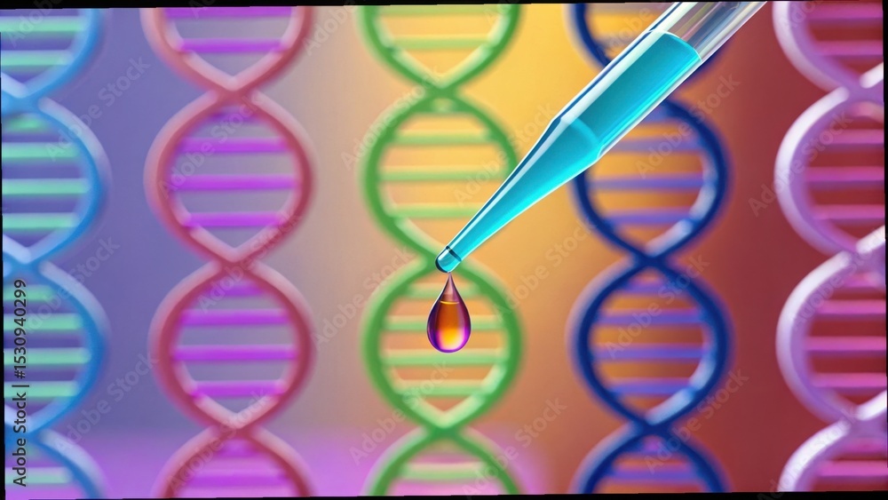 Poster colorful dna background with droplet from pipette in focus