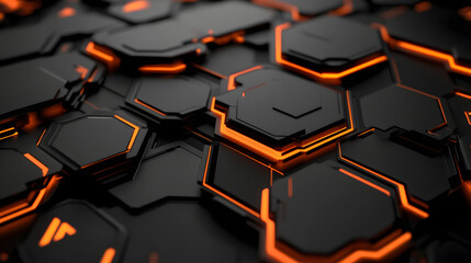 Obraz premium 3d rendering of black and orange abstract geometric background. Scene for advertising, technology, showcase, banner, game, sport, cosmetic, business, metaverse. Sci-Fi Illustration. Product display