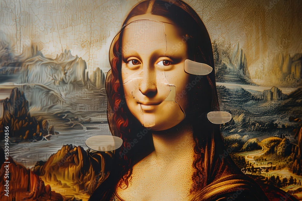 Poster a reinterpretation of the famous painting showcases the mona lisa with abstract, fragmented features