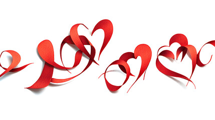 A vibrant display of red paper hearts elegantly arranged on a white background, symbolizing love