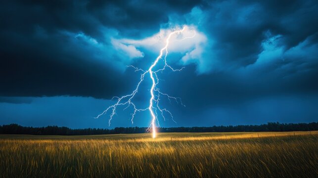 Dramatic lightning strike over a golden field - Powered by Adobe