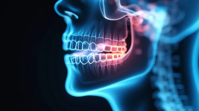Animated xray view shows inflammation in jaw and teeth area useful for explaining dental issues or medical conditions and health education