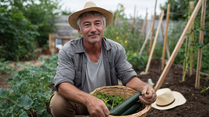 A sun-weathered gardener crouches in a lush vegetable patch, holding a basket of fresh tomatoes, cucumbers, and greens. Soil-speckled hands gently cradle a plump, rain-kissed zucchini.