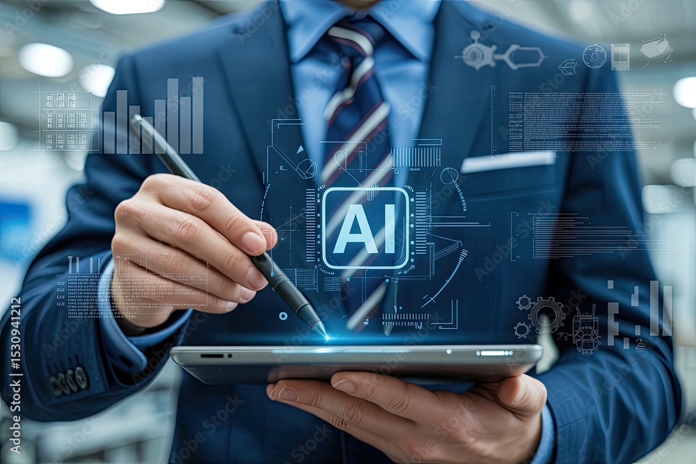 Poster businessman using tablet to interact with ai technology interface