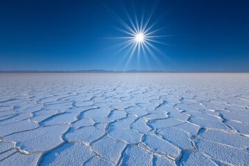 Fototapeta na wymiar Ground cracked from lack of water during a summer drought, set against a desert backdrop of natural disasters