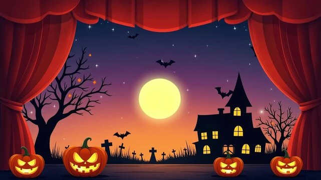 Animated Halloween pumpkins haunted house bats spooky tree and full moon framed by red curtains